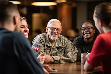 Diverse Group of Veterans Sharing Stories in a Warmly Lit Cafe Setting - obrazy, fototapety, plakaty