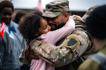 Joyful military homecoming embrace shared between a veteran and family members.