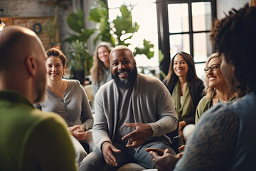Group of veterans sitting together at support group session.