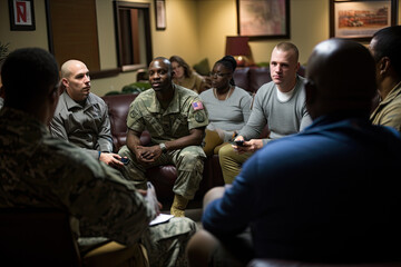 Military personnel and veterans engaged in a support group discussion in a warm, indoor setting, mental health awareness, camaraderie, peer support, and emotional well-being for service members