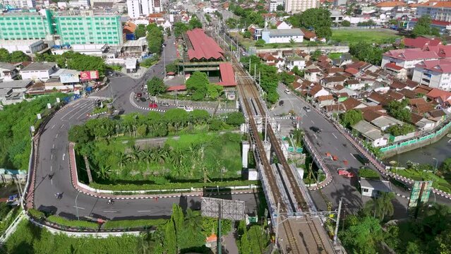 aerial view of the streets of Malioboro Yogyakarta city close to Tugu train station