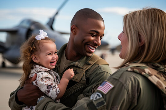 Joyful military homecoming embrace shared between a veteran and family members.