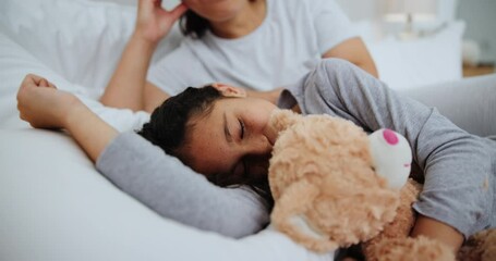 Child, teddy bear and sleeping with mom, love and peace on bed in home. Mother, stroke and care for girl resting on calm night with toys in bedroom and family support with safety and security