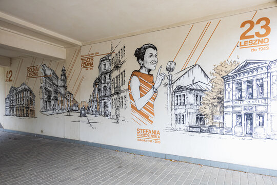 Warsaw, Poland - October 15 2023: Beautiful mural "Old Leszno" painted on walls of small passage under high block of flat