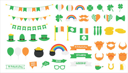 Naklejka premium Happy St. Patrick's Day big set with green clover, shamrock, gold coins pot, flag, rainbow, moustache, horseshoe, hat, flags, garlands, hearts white isolated background