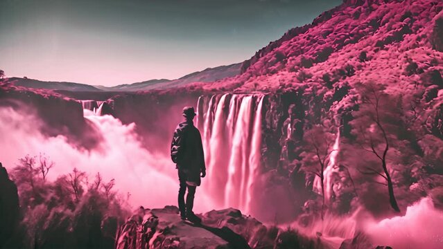 Lone man stands calmly at edge of powerful waterfall, overlooking cascading water below