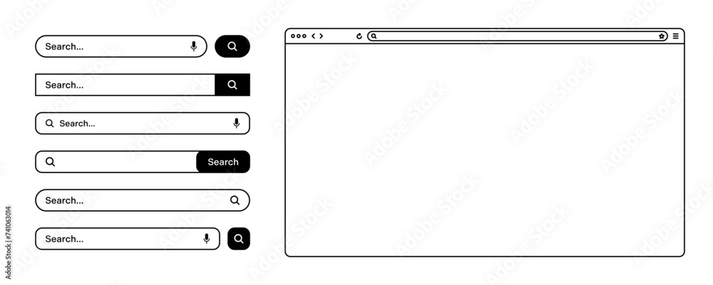 Poster blank web browser, internet page window with toolbar and search bar, field. modern website in flat s