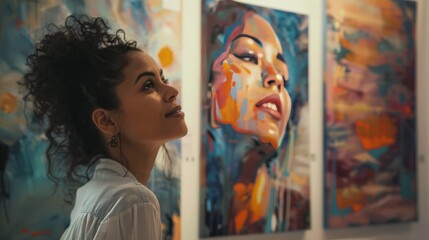 Hispanic woman admiring art in gallery