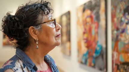 Hispanic woman admiring art in gallery - obrazy, fototapety, plakaty
