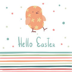 Happy Easter postcard background design. Spring religious traditional holiday card with cute chicken, kawaii flowers. Kids fairytale characters. Childish flat vector illustration