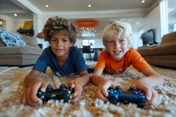 Hermanos jugando videojuegos en la consola en el salón sobre una alfombra 
