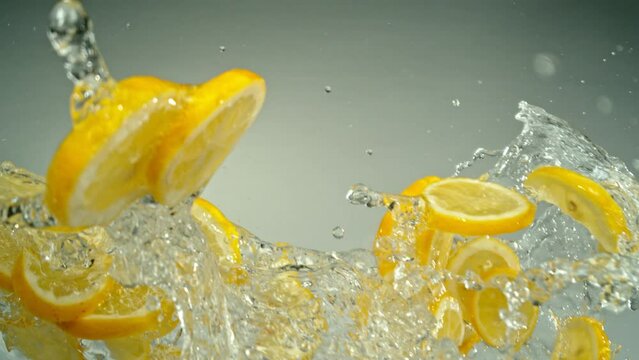 Super Slow Motion of Flying Lemon Slices with Water Splashes, Isolated on Blue Background. Filmed on High Speed Cinema Camera, 1000fps. Speed Ramp Effect.