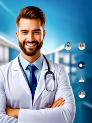 Man with stethoscope standing in front of blue background.