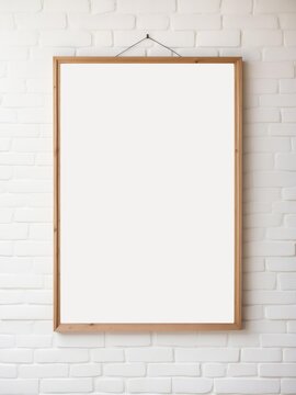 A blank poster flag with wooden frame hanging on the white wall
