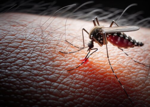 realistic image of a mosquito biting an arm outdoors
