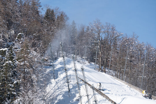 Closeup of the top of giant ski jump at Planica Ski Resort on a Sunny Winter Day