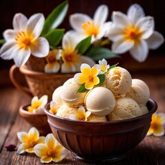 Obraz na płótnie Canvas Vanilla ice cream with fresh flowers, fancy premium dessert food