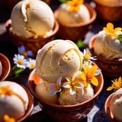 Obraz na płótnie Canvas Vanilla ice cream with fresh flowers, fancy premium dessert food