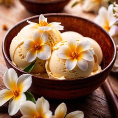 Fototapeta na wymiar Vanilla ice cream with fresh flowers, fancy premium dessert food
