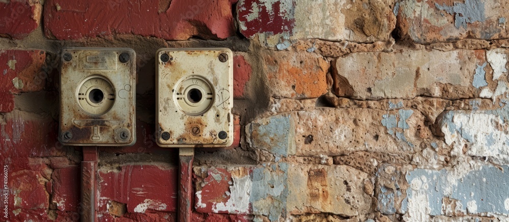 Aufkleber a detailed closeup of a brick facade with electrical outlets embedded on it, creating an intriguing 