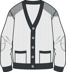 Kids Sweater and Cardigan Technical Drawing: Apparel Template for Knitted Garments. Vector Flat Sketch of Cardigans and Sweaters with Knitting Details.