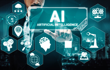 AI Learning and Artificial Intelligence Concept - Icon Graphic Interface showing computer, machine...