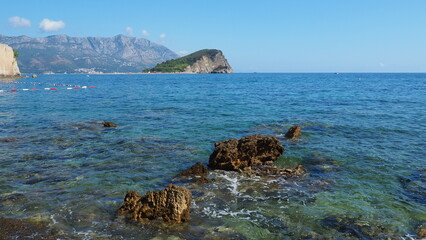 Budva, Montenegro. Beautiful summer day on the Adriatic Sea. Sveti Nikola island is located...