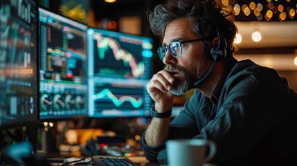 Serious trader working online with crypto chart sitting in modern, selective focus. Online trading - obrazy, fototapety, plakaty