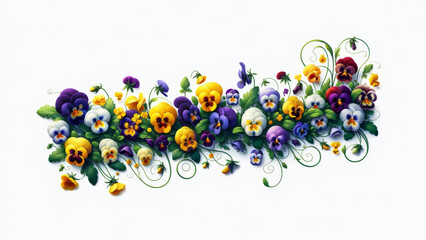 Full Bloom Pansies with Green Leaves White Backdrop