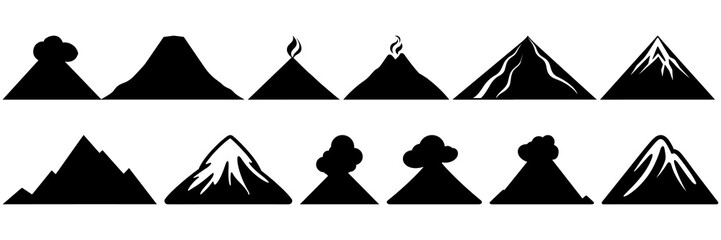 Volcano silhouettes set, large pack of vector silhouette design, isolated white background - obrazy, fototapety, plakaty