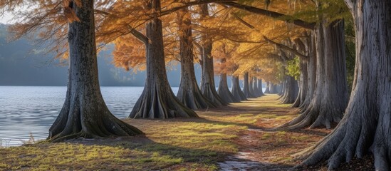 A line of trees growing next to the waters edge forms a picturesque natural landscape, enhancing the beauty of the tranquil lake