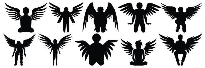 Angel falling silhouettes set, large pack of vector silhouette design, isolated white background