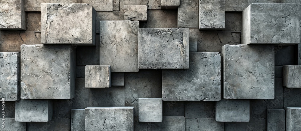 Aufkleber the wall is built using grey rectangular concrete bricks stacked in a symmetrical pattern, resemblin
