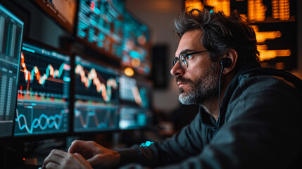 Male trader holding coffee cup while analyzing stock market data on multiple computers at night office - obrazy, fototapety, plakaty