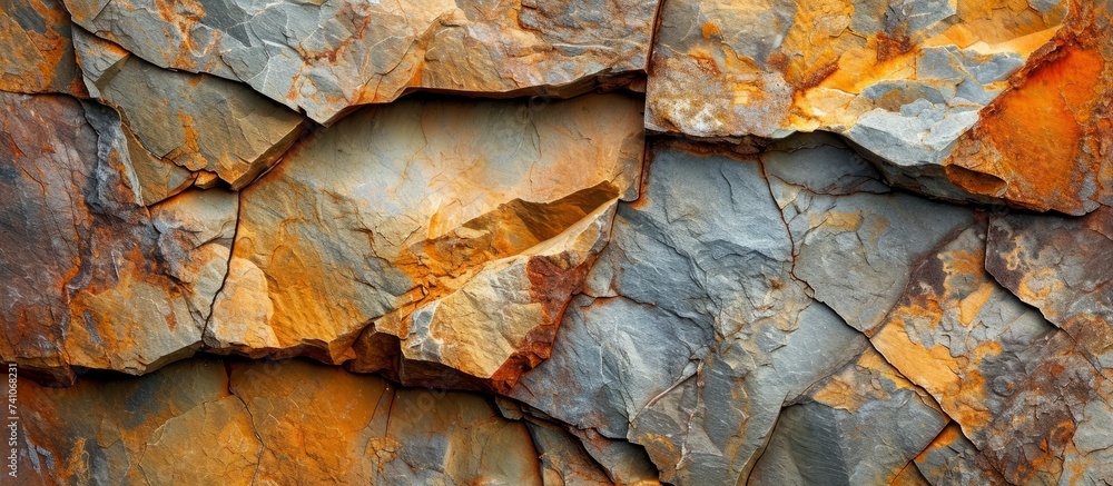 Poster close up of a bedrock wall with a variety of rocks stacked on top of each other, creating a unique p