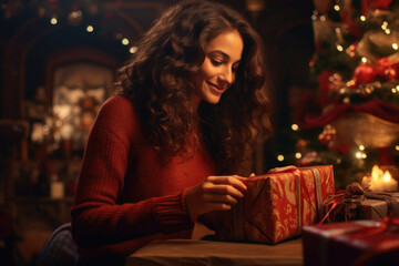 Woman wrapping Christmas presents