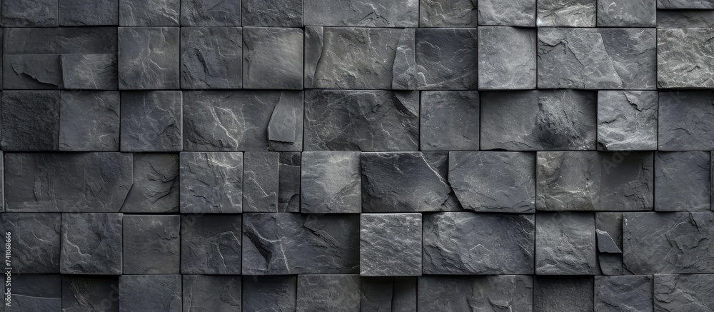 Aufkleber a detailed shot of a wall constructed with rectangular black bricks, creating a monochrome pattern. 