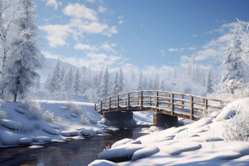 Winter bridge over a frozen river with snow-covered trees and hills.
