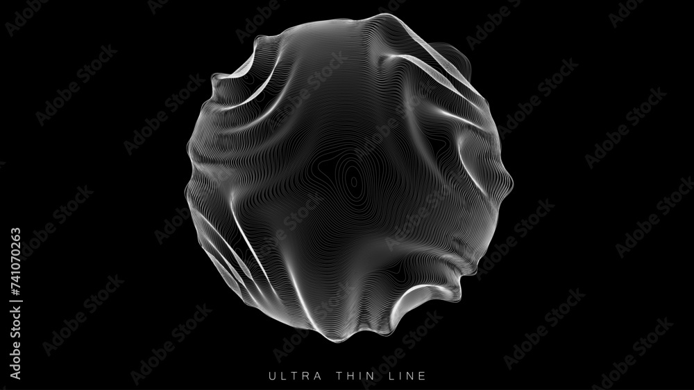 Poster ultra thin line fluid geometry. dynamic vector distorted spheres.