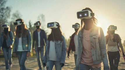 group of zombies walking with daytime virtual reality glasses in high resolution and high quality. real zombies concept