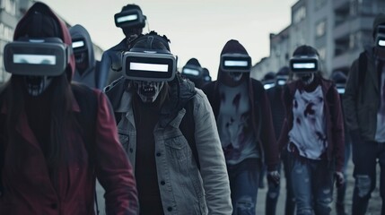 group of walking zombies in virtual reality glasses