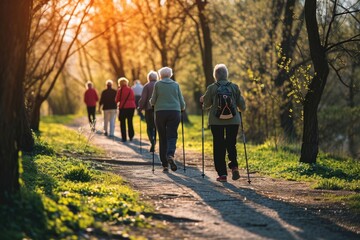 A heartwarming scene featuring retirees relishing Nordic walking in a picturesque spring park, showcasing their enthusiasm for an active retirement - obrazy, fototapety, plakaty