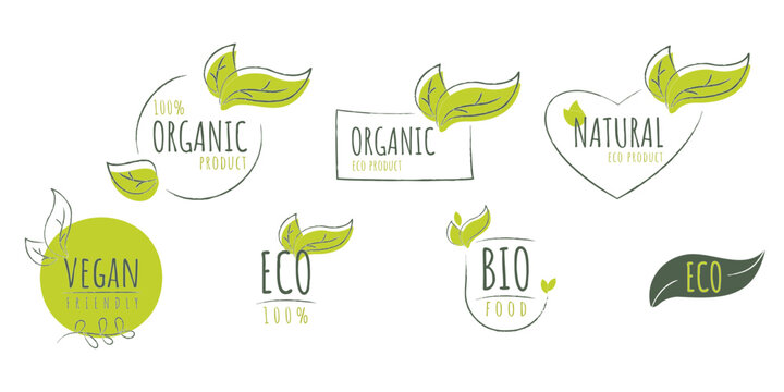 Bio, eco, organic, vegan and natural labels with hand drawn charcoal elements. Vector emblems, stickers, tags, badges set