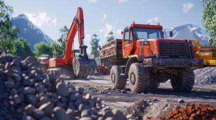construction workers, construction equipment, and materials such as asphalt or gravel piles to give context and realism to the scene.