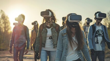 group of zombies walking with daytime virtual reality glasses in high resolution and high quality. concept of real zombies walking, virtual reality, augmented reality