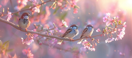 sparrows sitting on branch in the spring and flowers Generative AI