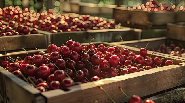 Freshly picked cherries in boxes or crates, emphasizing the abundance and freshness of the harvest. Boxes are placed strategically to add visual interest and depth.