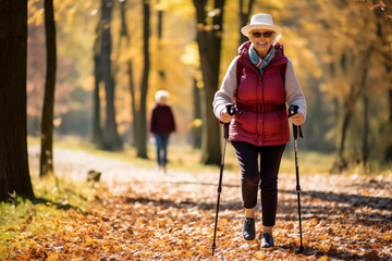 Senior woman Nordic walking in autumn forest with her caregiver - obrazy, fototapety, plakaty