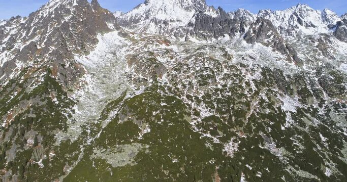 Aerial drone shot of snowy peaks near Dračie pleso and Rysy in High Tatras mountains
