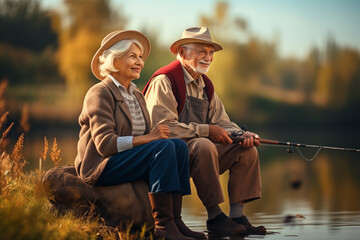 Happy senior couple fishing on a lake at autumn day. They are sitting on the bank and fishing - Powered by Adobe